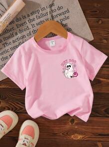 SHEIN Playful Pals Girls' Casual Halloween Themed Cute Ghost & Colorful Letter Print Basic Short Sleeve T-Shirt, Pink Cute Ghost Shirt Girls Graphic Tee Kids Tshirt Hey Boo Shirt Pink Girls Top