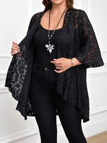 Miaspire Plus Size Women Black Jacquard Pattern 3/4 Sleeve Loose Open Front Cardigan Sweater Summer Spring For Women Vacation Woman Western Wear Women Blouses For Women Elegant Concert