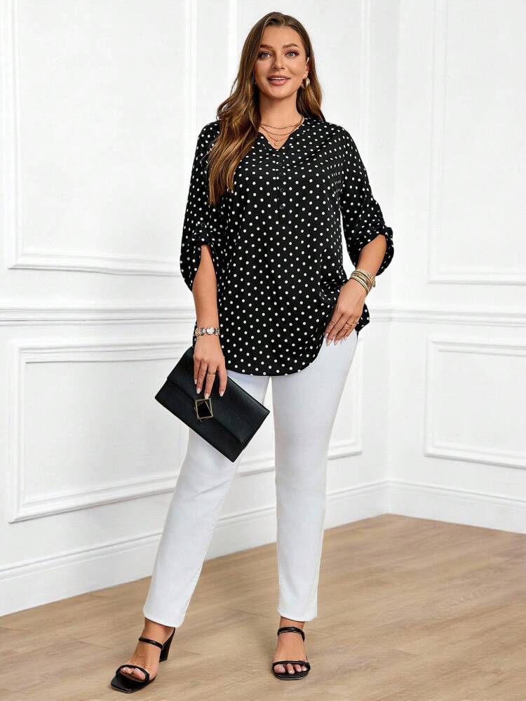 Plus Size Women's Casual Polka Dot Print Notched Neck Roll-Up Sleeve Fall Blouse,Spring/Summer/Vacation