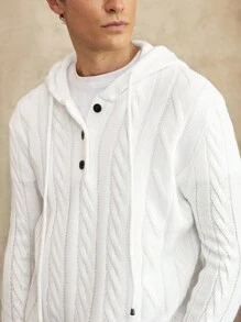 Manfinity CityGents 男士长袖连帽套头衫，针织运动衫，带抽绳，男士粗针织毛衣，男士开衫，男士纽扣连帽衫，针织男士衬衫，男士毛衣夹克 - 白色 - 查看 2