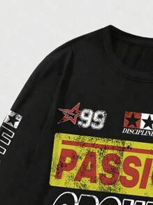 ROMWE MEN Street Life Men's Racing Letter Print Long Sleeve T-Shirt Suitable For Everyday Wear, Spring/Summer, Fall - Black - View 3