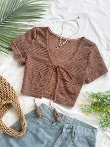 Soleia Top tricot deschis cu cravată cu ciucuri