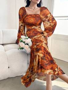 Modelyn Women's Elegant Floral Print Lantern Sleeve Fishtail Dress