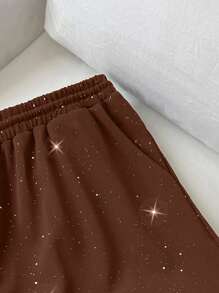 Flirla Plus Size Women Glitter Cinched Waist Decor Casual Pants, Spring/Summer - Coffee Brown - View 4