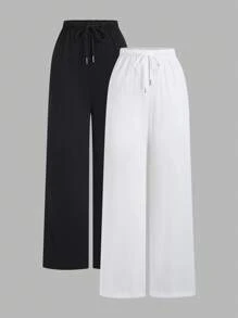 Flirla Petite 2 pièces Ensemble de pantalons droits de couleur unie noir et blanc pour femmes - Noir et Blanc - Voir 3