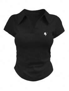 INAWLY 大码女式夏季骑士印花短袖休闲T恤 - 黑色 - 查看 4