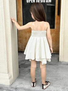 SHEIN 年轻女孩编织纹理荷叶边蝴蝶结分层蛋糕裙腰带优雅连衣裙，白色连衣裙，法式仙女风格，公主裙，适合生日派对，毕业舞会，派对 - 米色 - 查看 7