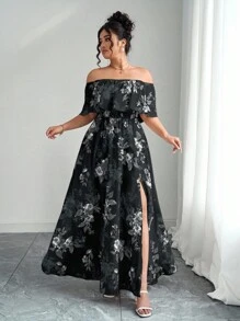 SHEIN Clasi 2025 夏季新款大码女装时尚花卉印花露肩荷叶边露肩收腰修身长裙，适合度假、约会、日常通勤、郊游和旅行 - 黑與白 - 查看 6