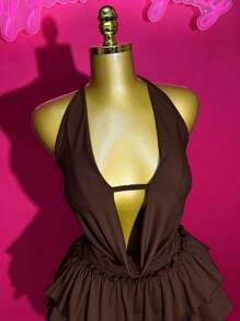 Slaydiva 2025 Spring/Summer New Sexy Street Style Solid Color Halter Tie-Up Deep V Neck Sleeveless Crop Top + Layered Ruffle Bow Decor Mini Skirt 2-Piece Set, Suitable For Music Festivals, Easter, Graduation, Daily Wear - Brown - View 5