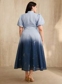Anewsta Plus Size Women's Elegant Purple Ombre Bubble Embroidery Dress, Spring/Summer - Blue - View 2