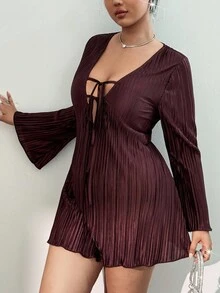 Viva Relle 大码女式纯色深V领系带长袖性感超长连衣裙 - 棕色 - 查看 2