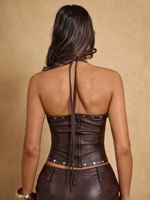 SHEIN BAE 女士时尚性感交叉露背吊带上衣，适合夏季、秋季、冬季穿着，哥特风、夜店风性感款 - 咖啡棕 - 查看 2