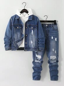 2 件套青少年男童牛仔夹克和牛仔裤套装，休闲日常百搭街头服饰，做旧设计，舒适 - 中等水洗藍 - 查看 2