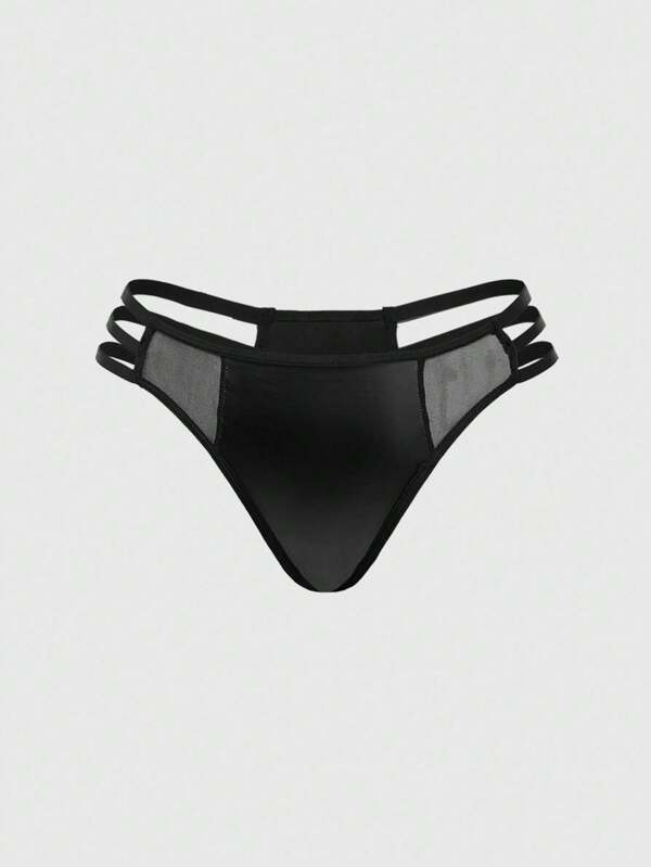 ROMWE Grunge Punk Plus Size Dark Punk PU Mesh Patchwork Hollow Out Thong