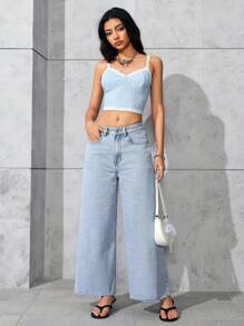 Jeanoix 休闲水洗低腰阔腿牛仔裤 - 淺色水洗藍 - 查看 2