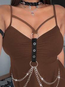 Whyspr Casual Punk Plus Size Punk Dark Style Chain Decor Cinched Waist Asymmetrical Hem Camisole - Brown - View 3
