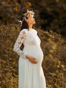 SHEIN Autumn And Winter BOHO Pregnant Women's Contrast Lace Long Sleeve Elegant Dress - White - View 4
