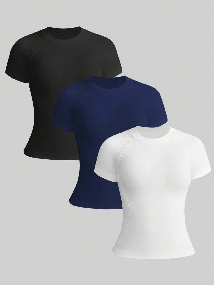 Gameset SHEIN Sport 3 件女式纯色插肩短袖休闲健身运动 T 恤修身衬衫健身衫