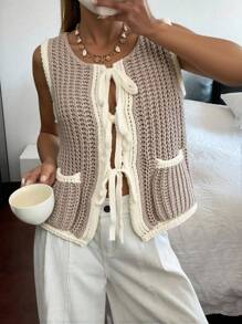 SHEIN Frenchy 女式无袖撞色镶边口袋前系带针织上衣，休闲 - 卡其色 - 查看 3