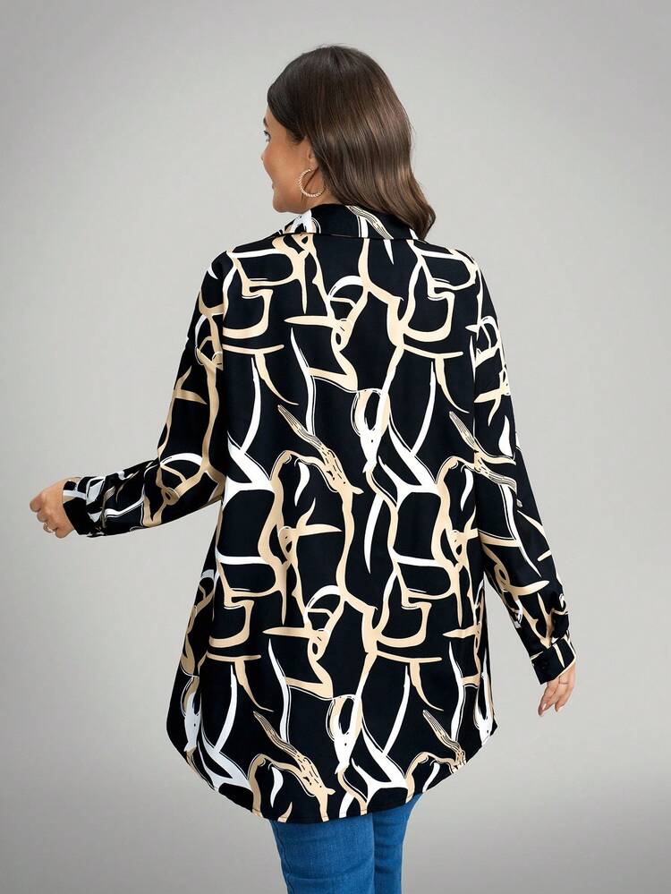 Comfylo 秋季休闲日常穿着，大码女式几何印花长袖衬衫，休闲宽松舒适长款，适合居家和度假，秋季，感恩节假期 - 彩色 - 查看 4