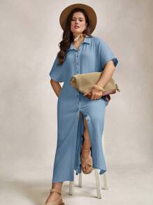 Zelara Mother'S Day Gift Navycore Outfits Apricot Crinkled Buttons Maxi Beach Navycore Dress With Slits Nautical Casual For Women Coastal Nautical Vacation Outfits Dress,Fall Dresses For Women - Baby Blue - View 7