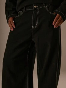 Musero 水洗直筒撞色缝线牛仔裤（仅裤子）/冬季 - 黑色 - 查看 5