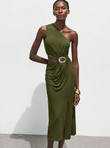 Maija 2025 秋季婚礼宾客时尚优雅早午餐装、机场装、波西米亚度假风格、音乐节、复活节、毕业季日常休闲腰部金属装饰不对称肩部中长连衣裙、商务休闲都市通勤时尚优雅复古女士办公室装 - 軍綠色 - 查看 4