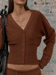 MUSERA Áo khoác cardigan dệt kim cổ chữ V, cài nút, eo bo gân, tay áo bó sát, phong cách mùa xuân, những năm 2000, dễ thương, thích hợp cho sân bay, kỳ nghỉ hè, mùa đông và hàng ngày. - Màu nâu Sô-cô-la - Xem 5