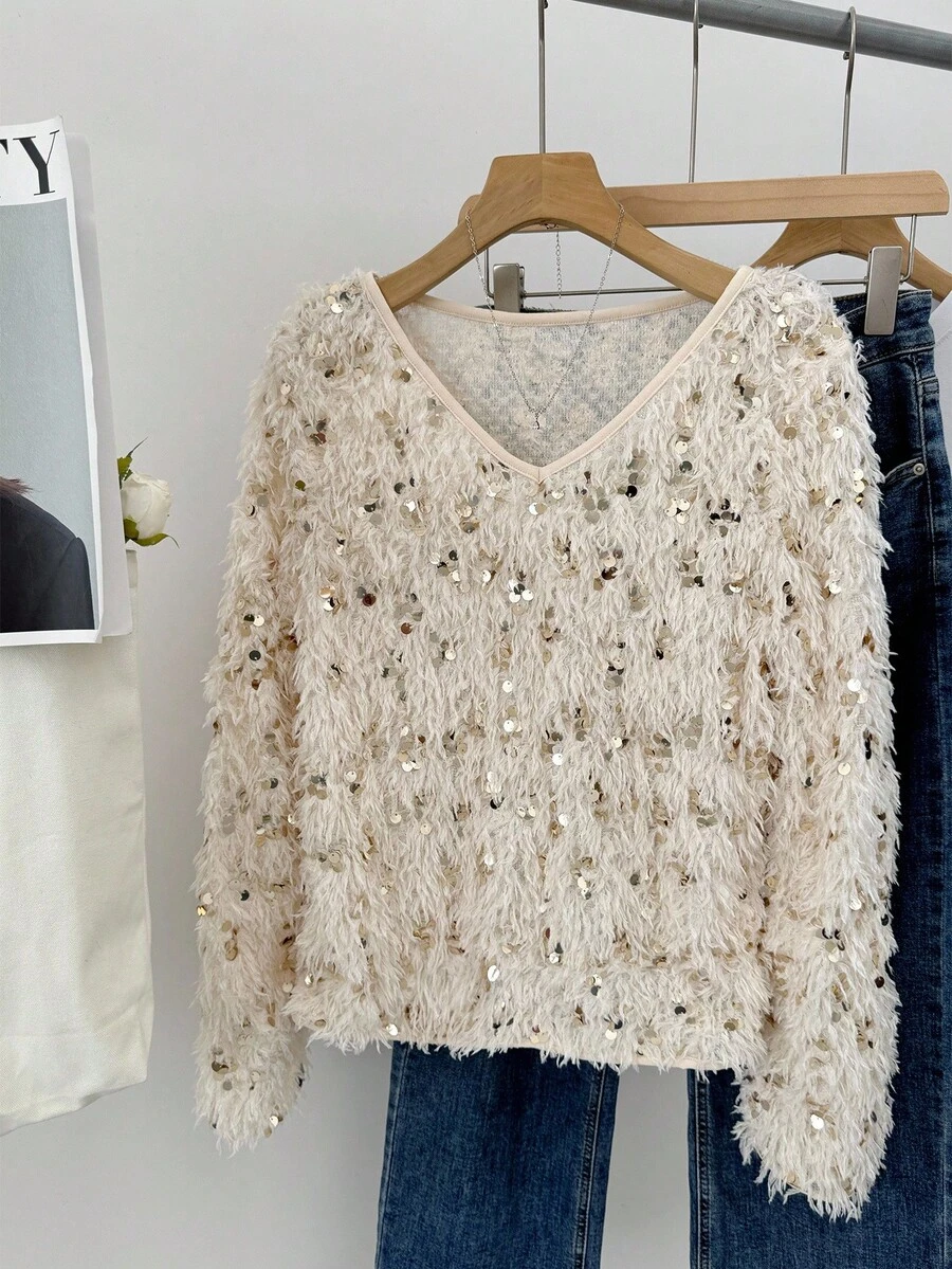 SHEIN Frenchy Suéter feminino solto de manga comprida com lantejoulas e decote em V de cor sólida - Damasco - Ver 1