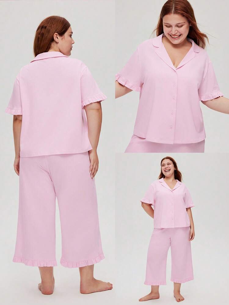 Conjunto de Pijama Íntimo Nupcial Plus Size Respirável de Algodão Rosa, Top de Botão de Manga Curta e Calça, Roupa de Estar em Casa Fofa, Adequado para Adolescentes, Jovens e Crianças, Primavera e Verão