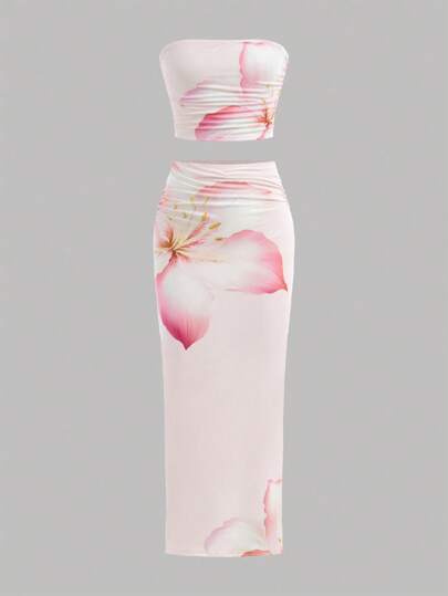 SHEIN Tween Girl Tie-Dye Floral Print Fitted Casual Comfortable Tank Top And Mini Skirt Set