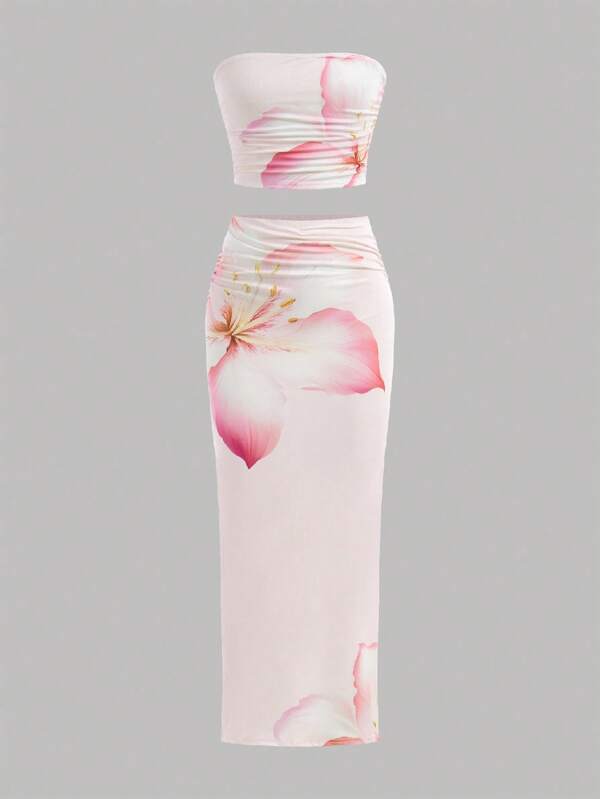 Tween Girl Tie-Dye Floral Print Fitted Casual Comfortable Tank Top And Mini Skirt Set