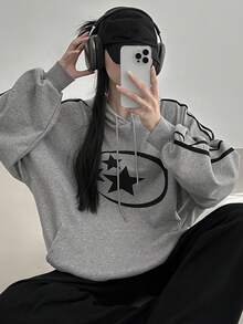 DAZY 五角星连帽衫，宽松学院风女式运动衫，秋冬款 - 灰色 - 查看 4