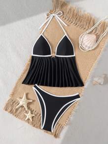 Swim Chiccia 2pcs/Set Women's Summer Beach Vacation Black & White Contrast Color Camisole Strap Bikini Swimsuit, Metal Decor, Slimming, Triangle Swim Bottoms