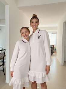 Váy dài vừa phải cho nữ, cổ bo gân, thêu nơ ở ngực, thiết kế viền xếp nếp đôi - trắng - Xem 3