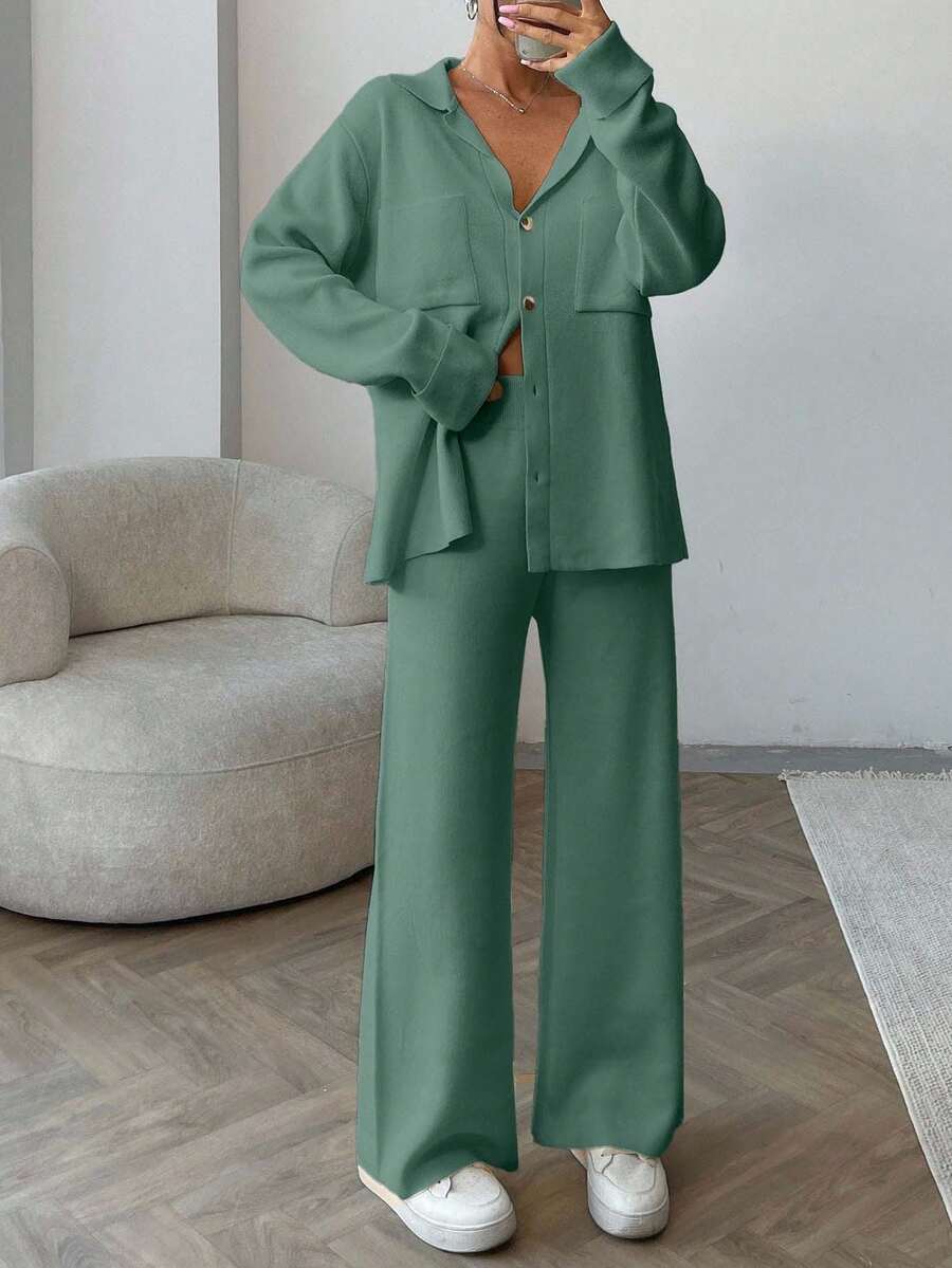 EURMUSE Women Solid Color Collar Neck Front Button Pocket Detailed Pullover & Sweater Pants Set,Winter Clothes - Mint Green - View 1