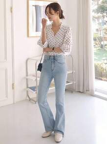 DAZY Women's V-Neck Polka Dot Printed Elegant Casual Blouse,Ruffle Long Sleeve Top - White - View 4