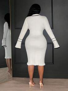 Slaydiva 2025 秋冬新款休闲通勤优雅浪漫日常正式办公室装，Office Siren，Easywear 优雅通勤连衣裙，针织黑白撞色中长连衣裙，长袖喇叭袖 Polo 领大码女式针织连衣裙 - 彩色 - 查看 2