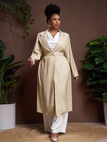 Veslaya Plus Size Women's Solid Color Lapel NeckLong Sleeve Long Casual Blazer Jacket In Fall/Winter - Khaki - View 7