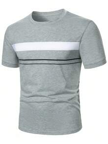 Manfinity Homme 男士休闲拼色条纹短袖T恤，夏季 - 淺灰色 - 查看 5