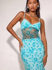 SHEIN BAE Spring Summer Solid Blue Suspenders Elegant Beaded Flowers Delicate Long Dresses, Holiday Sequin Suspenders Dresses For Beach Vacations, Beach Skirts, Music Festival Skirts, Birthday Dresses, Brunch Dresses, Wedding Dresses Bridesmaid Dresses, Wedding Guest Dresses - Blue - View 6