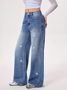 Rivivi Fashionable Commuter Washed Rhinestone Embellished Wide Leg Jeans - Light Wash - View 4