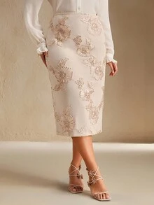 Anewsta Váy thêu hoa cao cấp thanh lịch cỡ lớn - Màu be - Xem 3