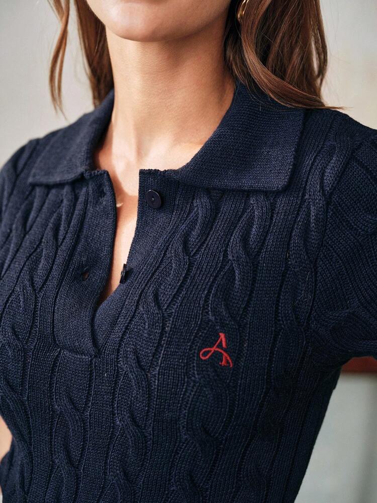 Anewsta Elaire Anewsta Spring/Summer Old Money Elegant Modest Polo Collar Short Sleeve Knit Sweater, Wool Blend