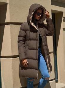 EURMUSE Women's Two-Tone Hooded Pocket Zip-Up Mid-Length Winter Jacket - Mocha Brown - View 4