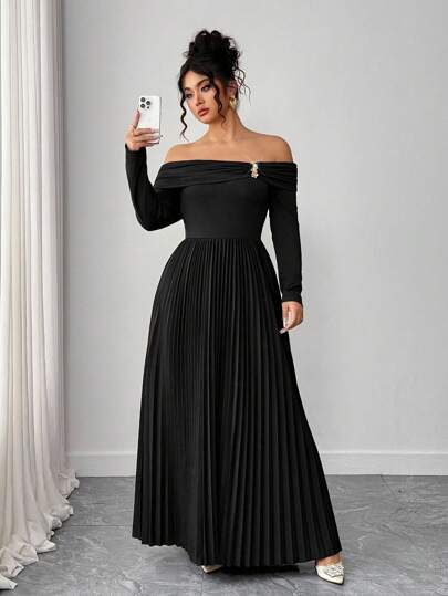 Elenzga 大码女式新款针织拼接宽松褶皱露肩金属纽扣装饰长袖优雅浪漫日常派对休闲连衣裙