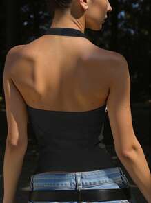 INAWLY Áo crop top hở lưng màu trơn, không tay gợi cảm mùa hè - màu đen - Xem 2