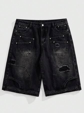 Grunge Punk Men's Ripped Casual Multi-Pocket Loose Denim Shorts