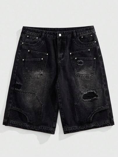 Street Life Men's Ripped Casual Multi-Pocket Loose Denim Shorts