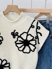 SHEIN Frenchy 女士立领秋冬新款撞色串珠花卉针织背心 - 杏色 - 查看 5